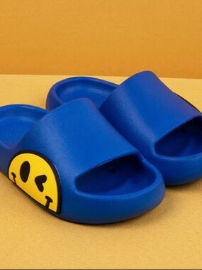 Kids Blue Slip-On Slides with Smiley Accent